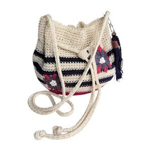 The Sak Floral Knitted Bag Nautical Drawstring Crossbody Handbag Purse Patriotic
